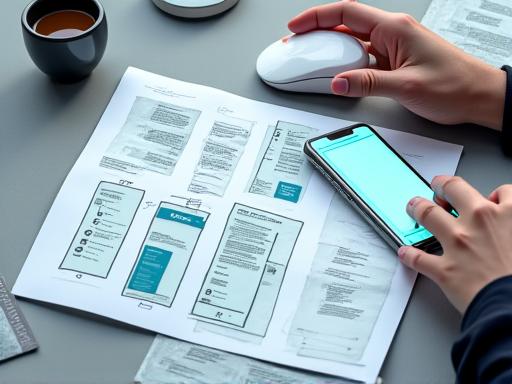 Wireframes and UI designs for a mobile app on a designer's desk.